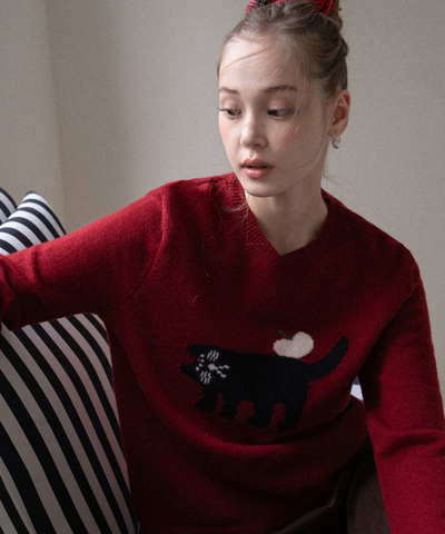 クルーネック黒猫デザインニット