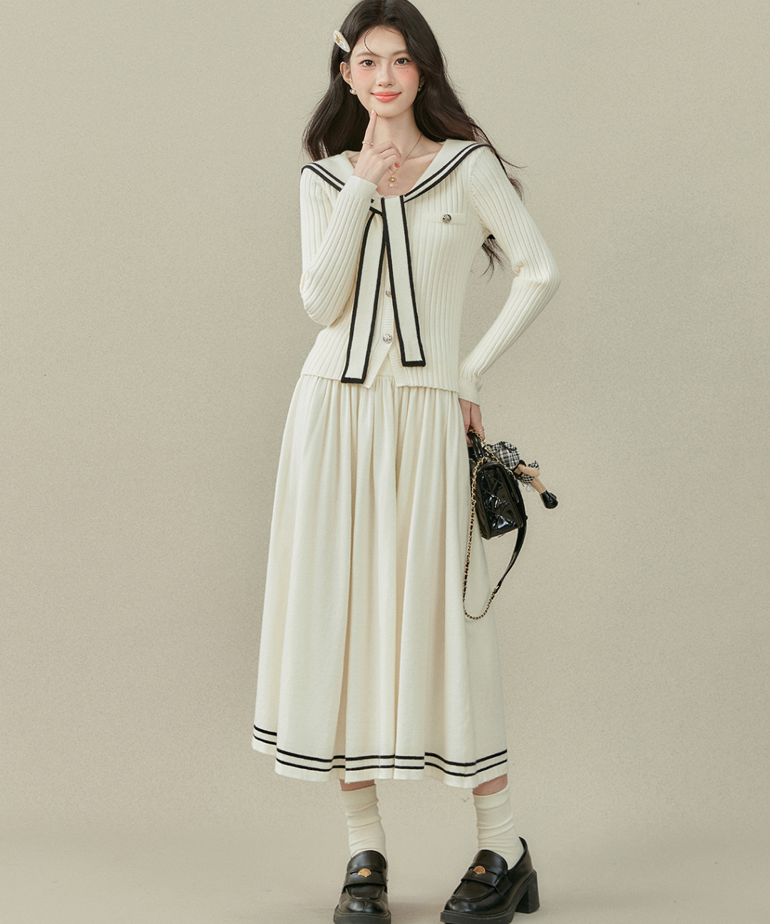 リボンタイ付きセーラーカラーニットトップス＋Wラインスカート 2点