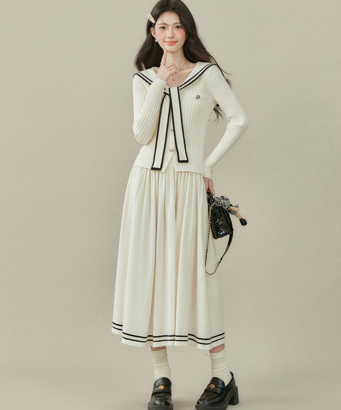 リボンタイ付きセーラーカラーニットトップス＋Wラインスカート 2点セット