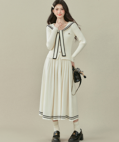 リボンタイ付きセーラーカラーニットトップス＋Wラインスカート 2点セット