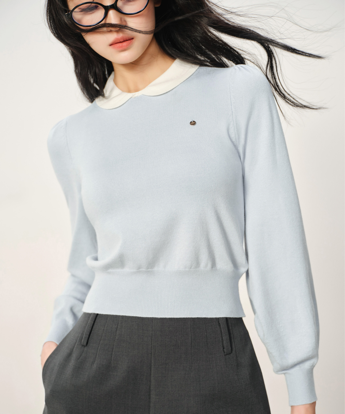 配色ラウンドカラーリブパフニット