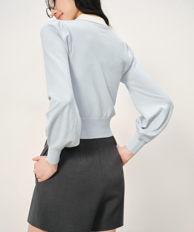 配色ラウンドカラーリブパフニット