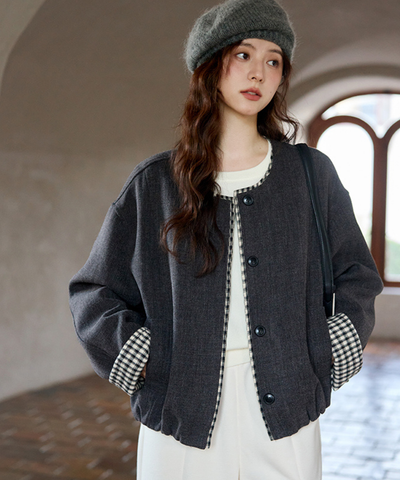 ギンガム切替ノーカラーショートジャケット