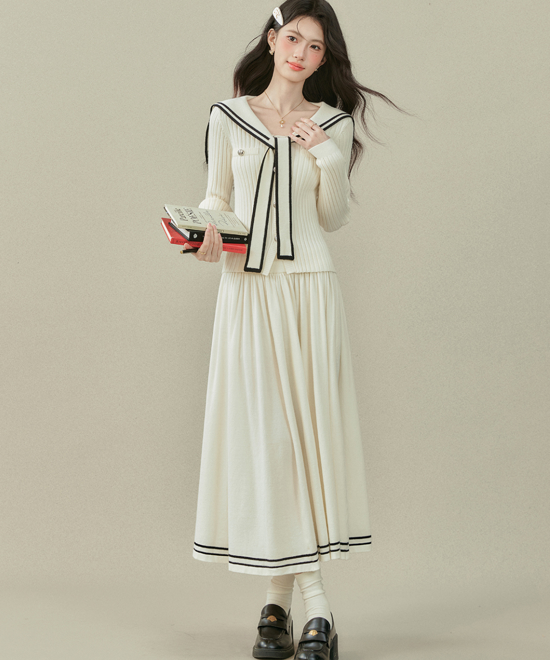 リボンタイ付きセーラーカラーニットトップス＋Wラインスカート 2点セット