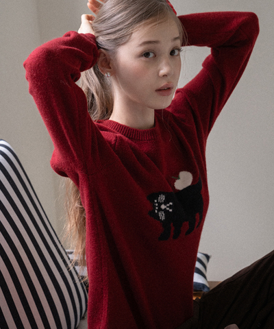 クルーネック黒猫デザインニット