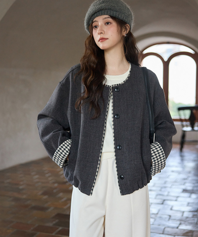 ギンガム切替ノーカラーショートジャケット