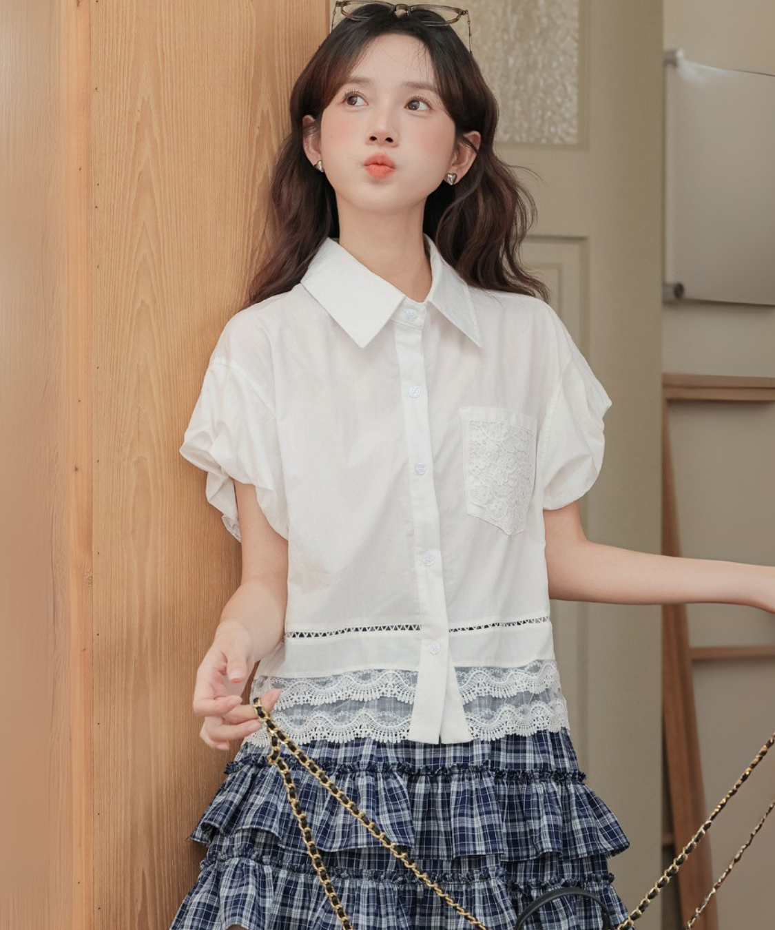 レース切り替えシャツカラーブラウス