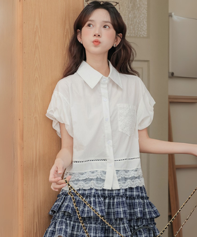 レース切り替えシャツカラーブラウス