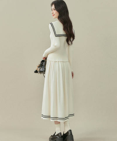 リボンタイ付きセーラーカラーニットトップス＋Wラインスカート 2点セット