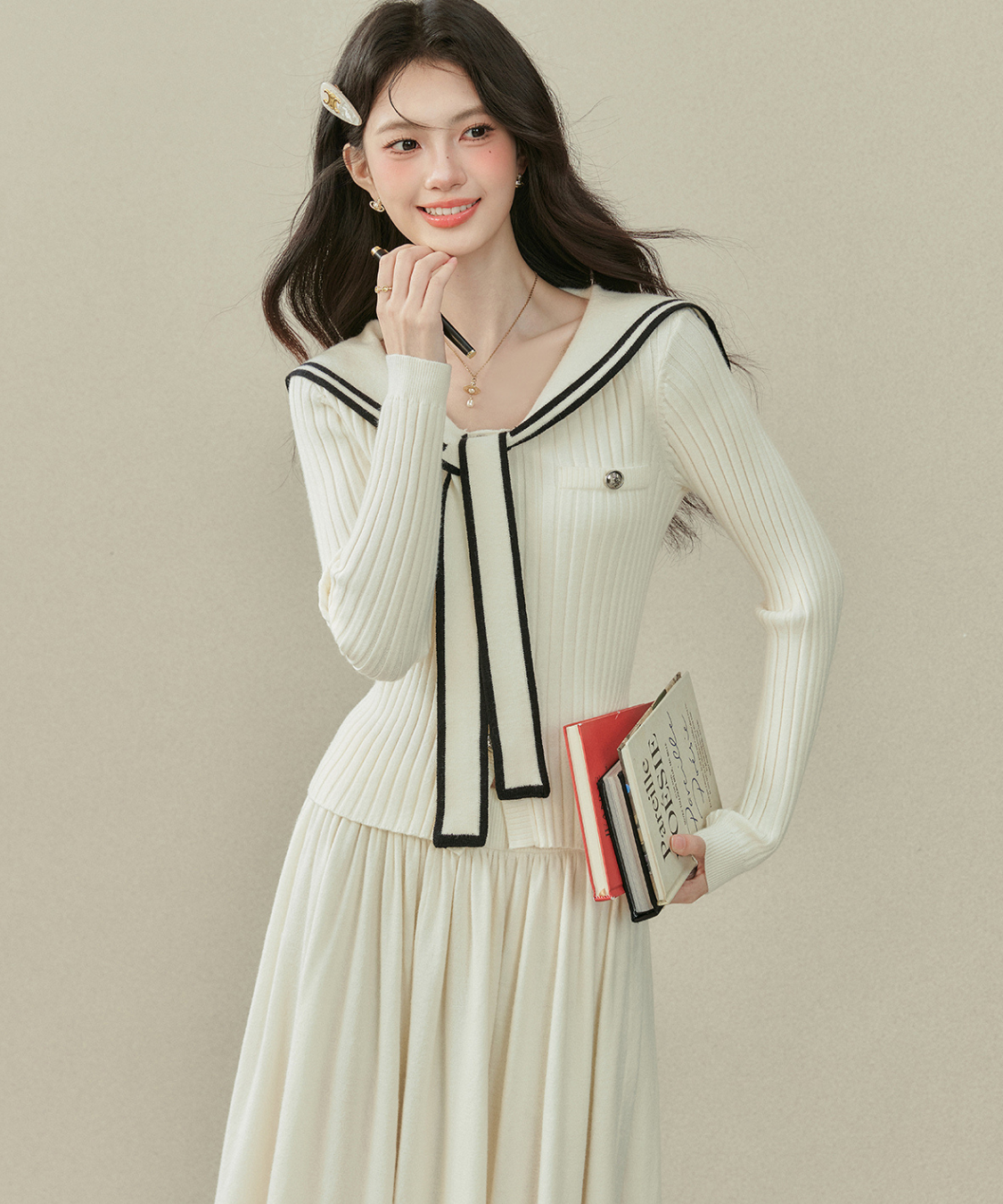 リボンタイ付きセーラーカラーニットトップス＋Wラインスカート 2点セット