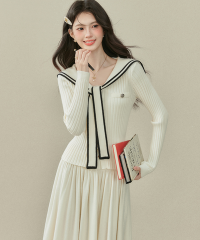 リボンタイ付きセーラーカラーニットトップス＋Wラインスカート 2点セット