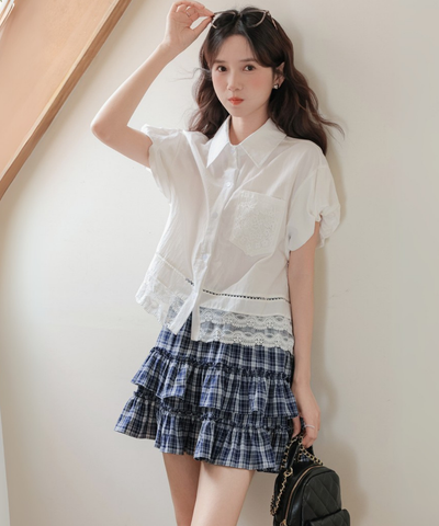 レース切り替えシャツカラーブラウス