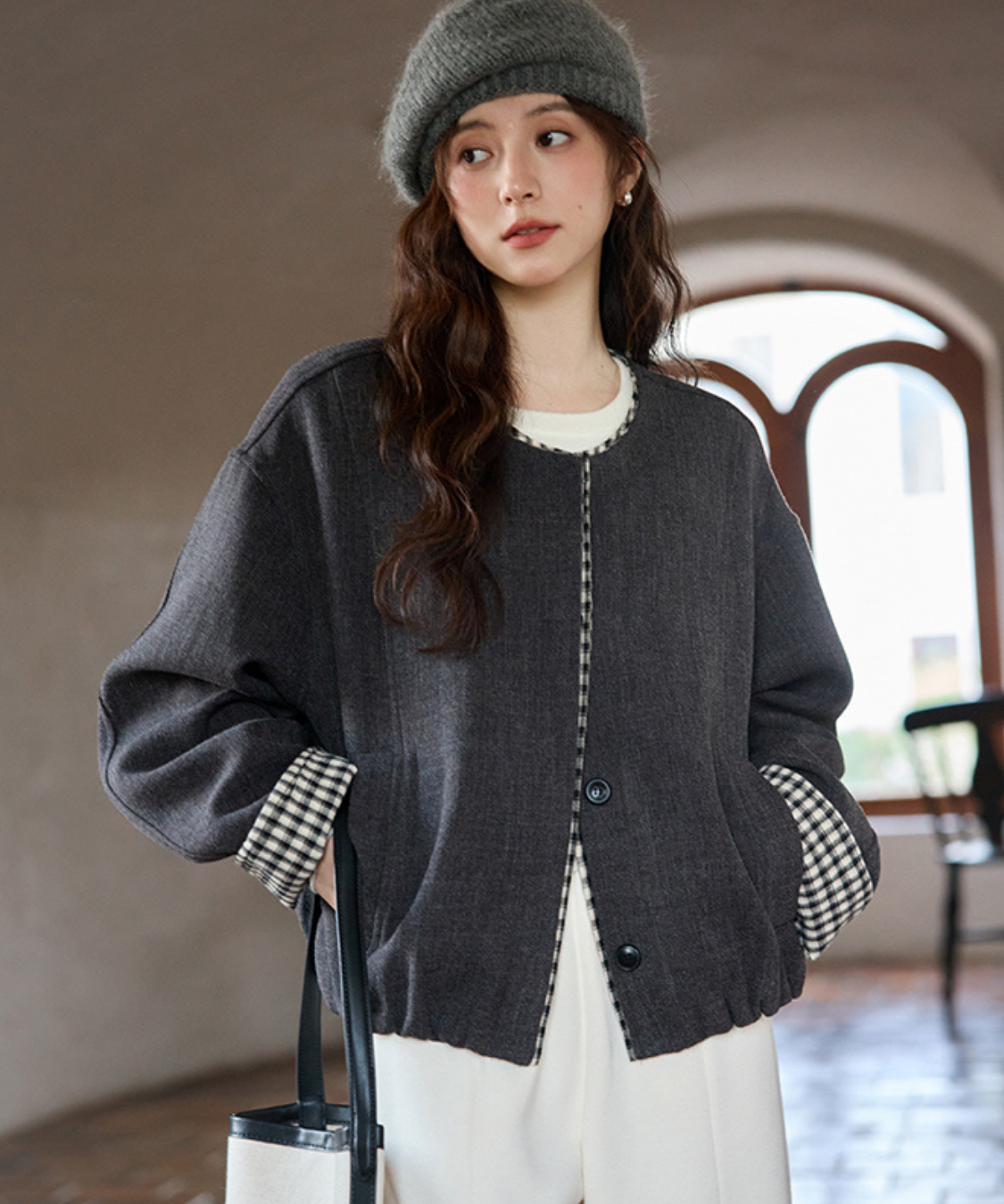 ギンガム切替ノーカラーショートジャケット