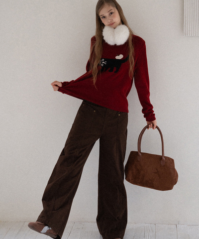 クルーネック黒猫デザインニット