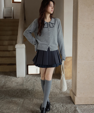 配色ラインリボン風襟カーディガン