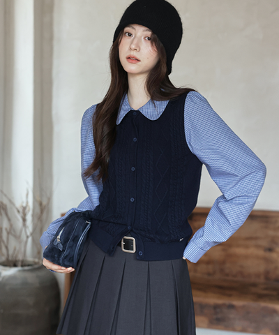 襟取り外し可能ベスト風ニットドッキングシャツ