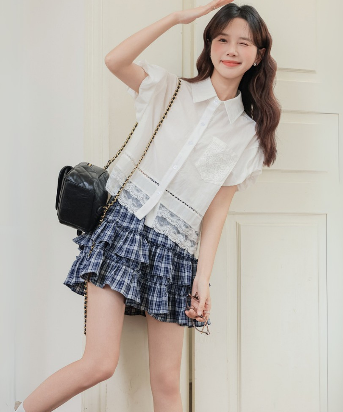 レース切り替えシャツカラーブラウス