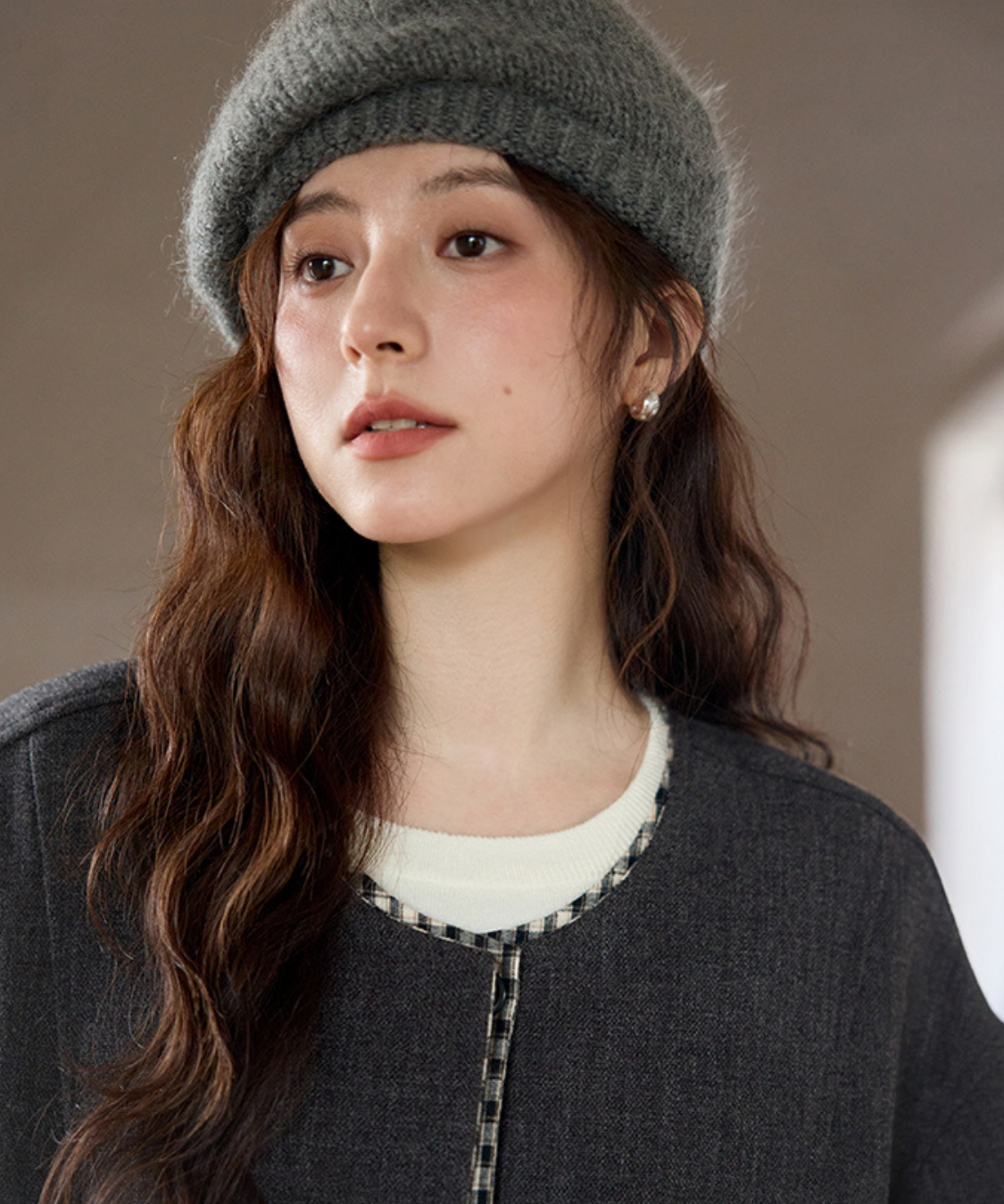 ギンガム切替ノーカラーショートジャケット