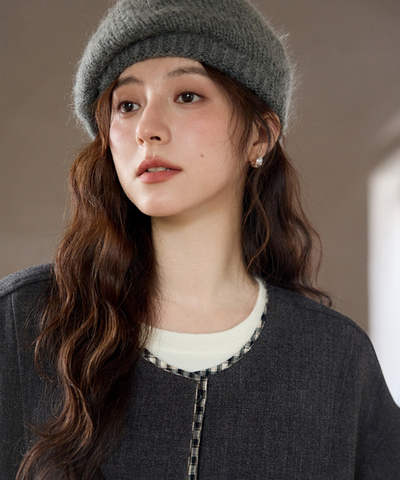 ギンガム切替ノーカラーショートジャケット