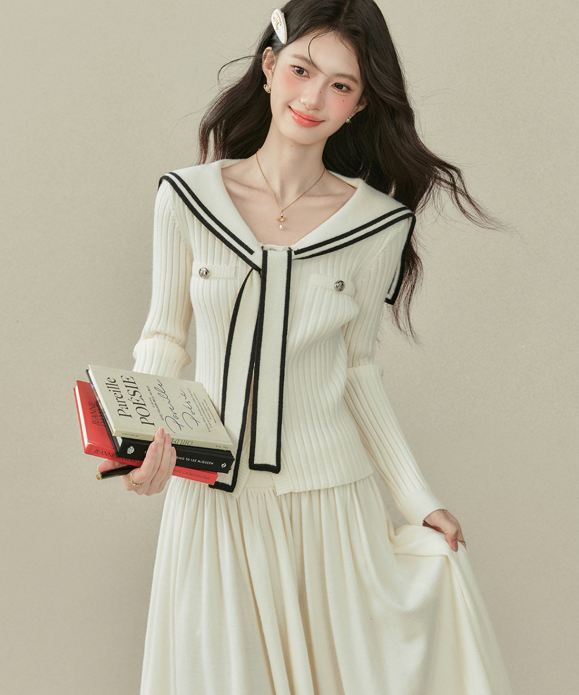 リボンタイ付きセーラーカラーニットトップス＋Wラインスカート 2点セット