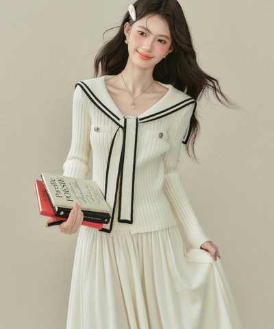 リボンタイ付きセーラーカラーニットトップス＋Wラインスカート 2点セット