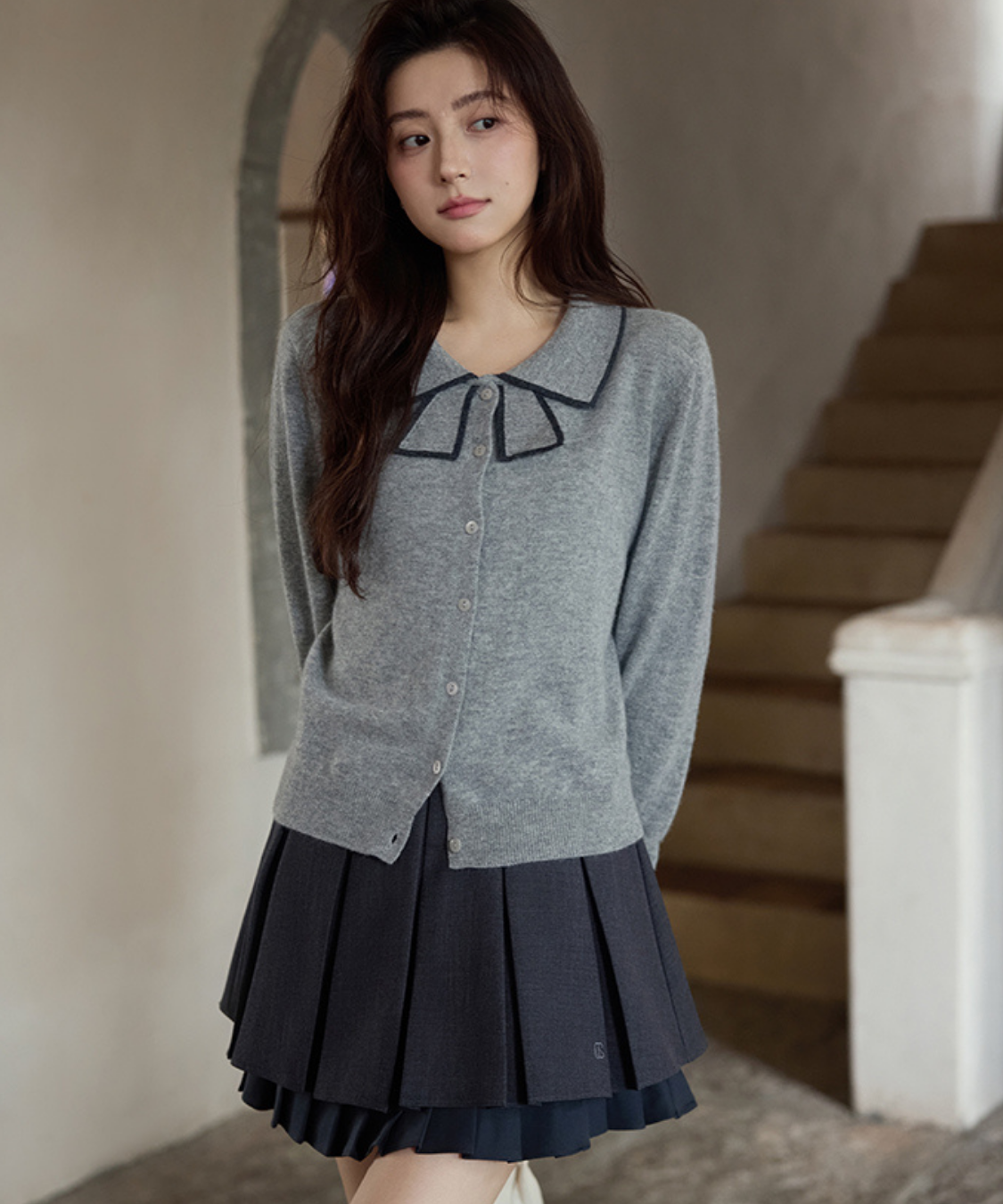 配色ラインリボン風襟カーディガン