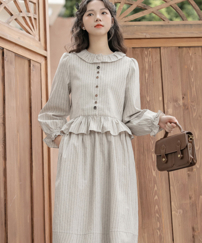 フリル襟ペプラムブラウス＋ストライプフレアスカート 2点セット