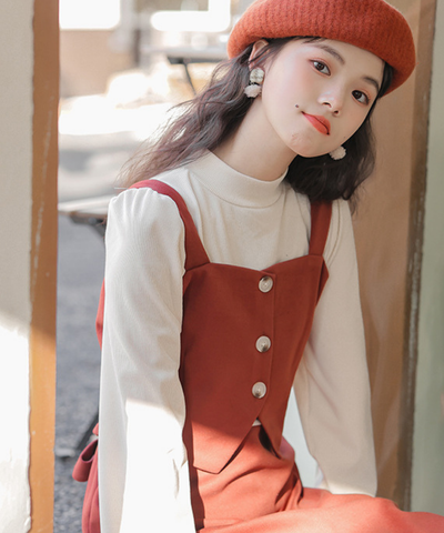 肩紐付きビスチェ風フェイクレイヤードワンピース