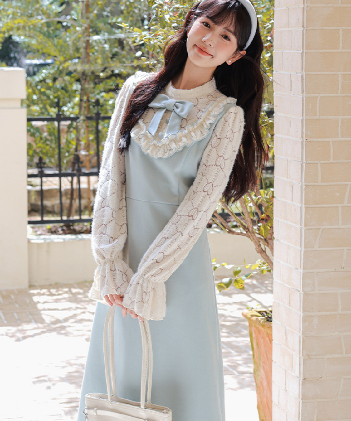 フリルリボンレーススリーブワンピース