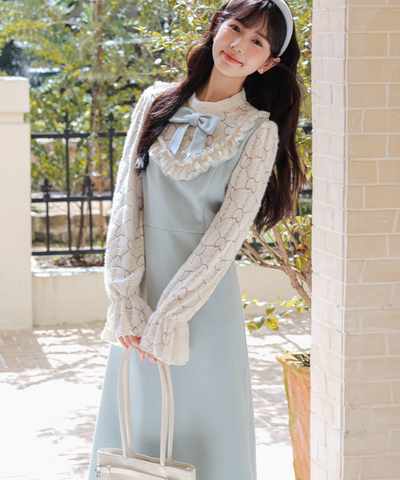 フリルリボンレーススリーブワンピース