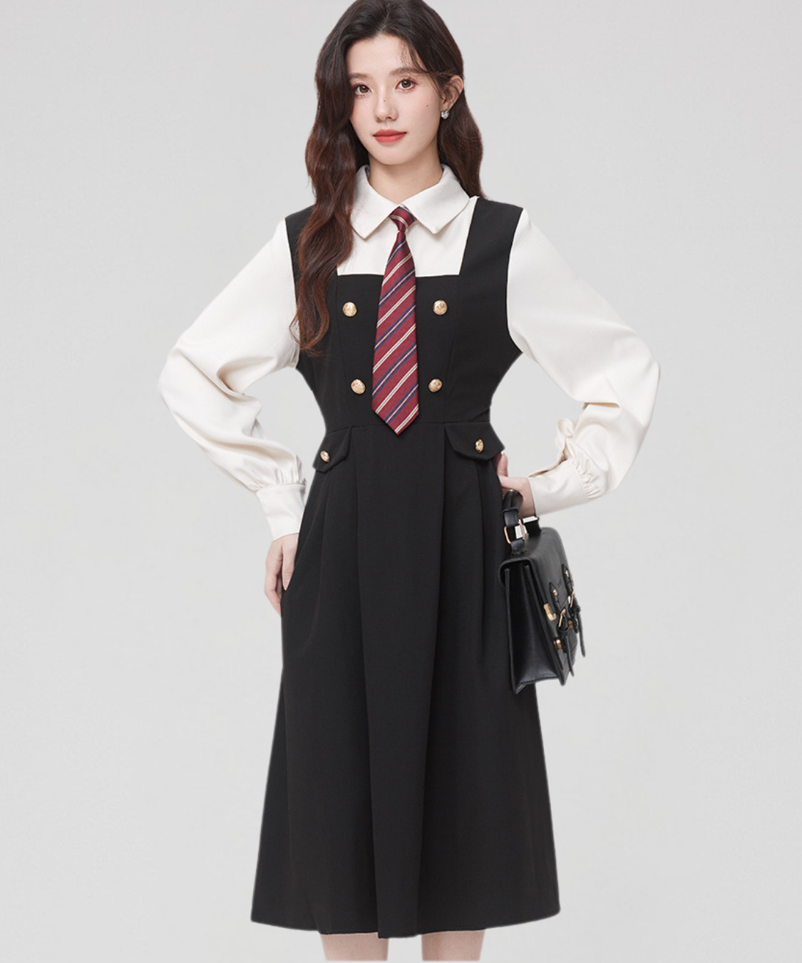 センタースリット ワンピース カシュクール フェイクツーピース フェイクツーピースワイドカラータイ付きワンピース – jemiremi