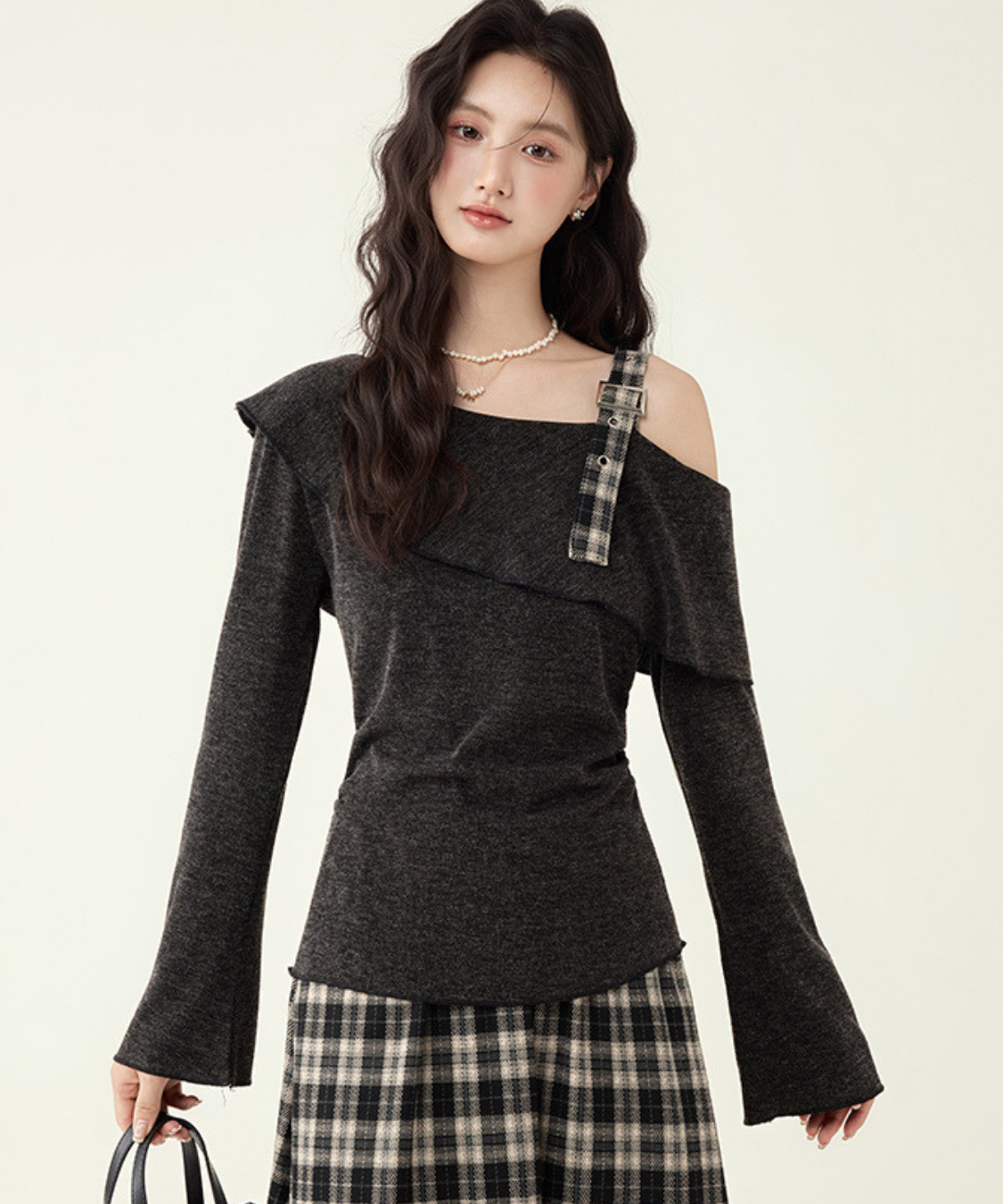 アシンメトリーボートネックトップス＋チェックフレアスカート 2点セット