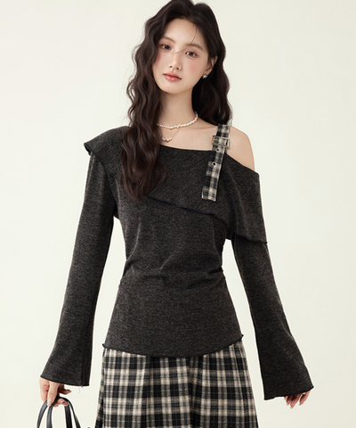 アシンメトリーボートネックトップス＋チェックフレアスカート 2点セット