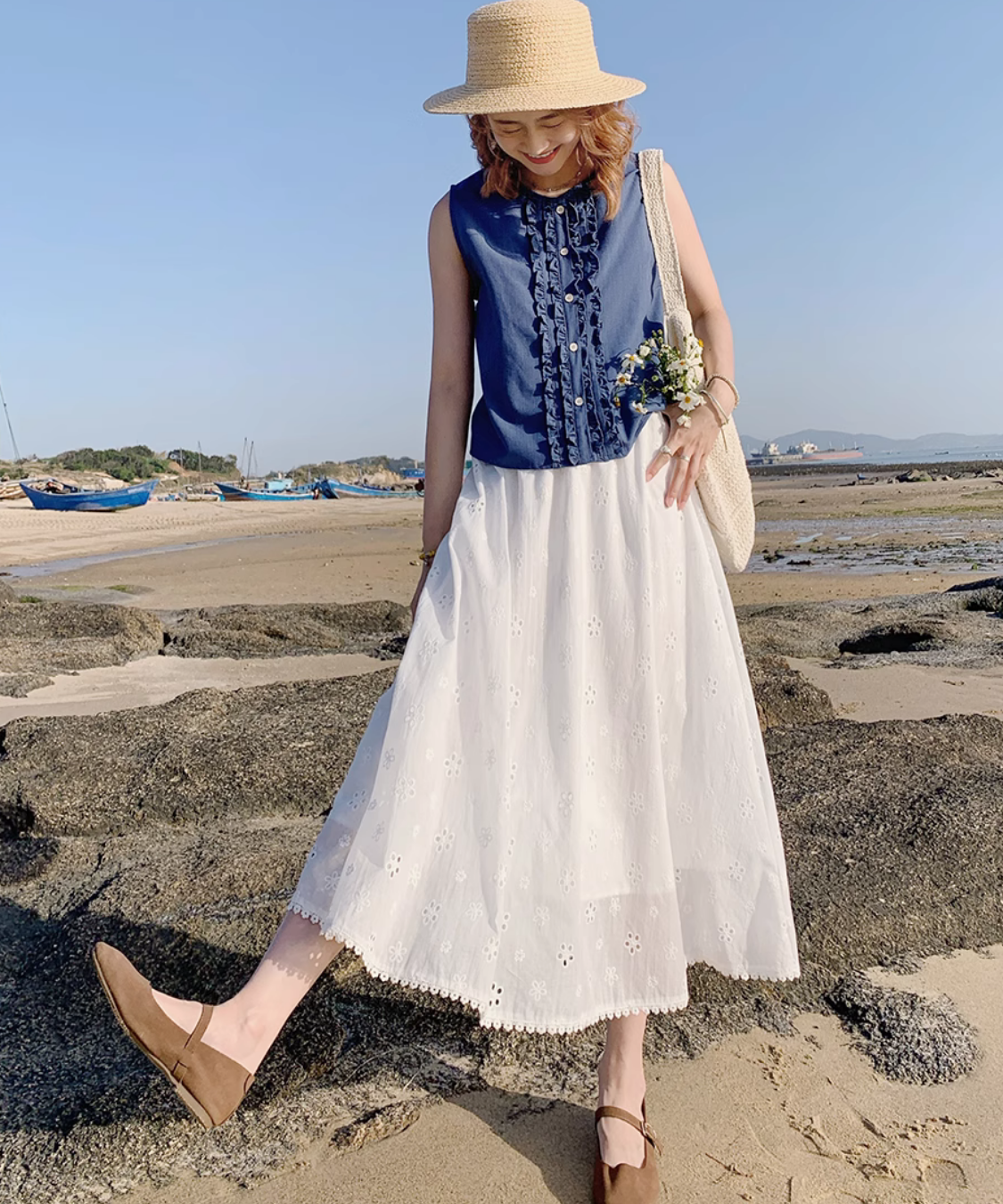 花柄パンチング刺繍ミモレスカート