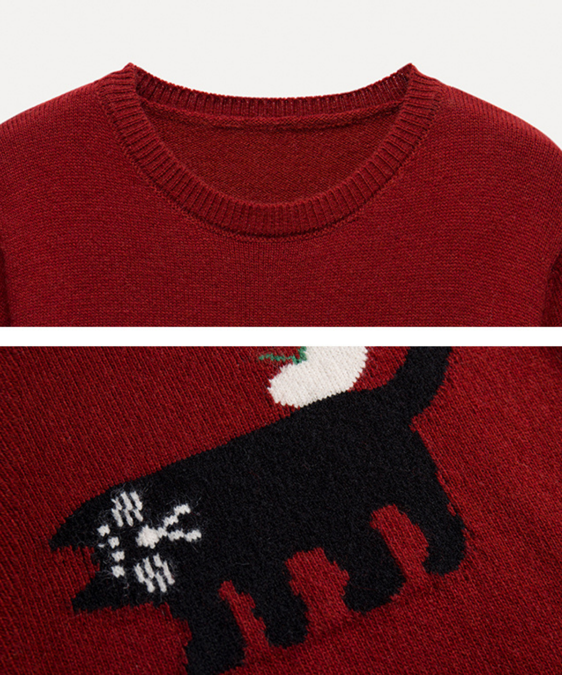 クルーネック黒猫デザインニット