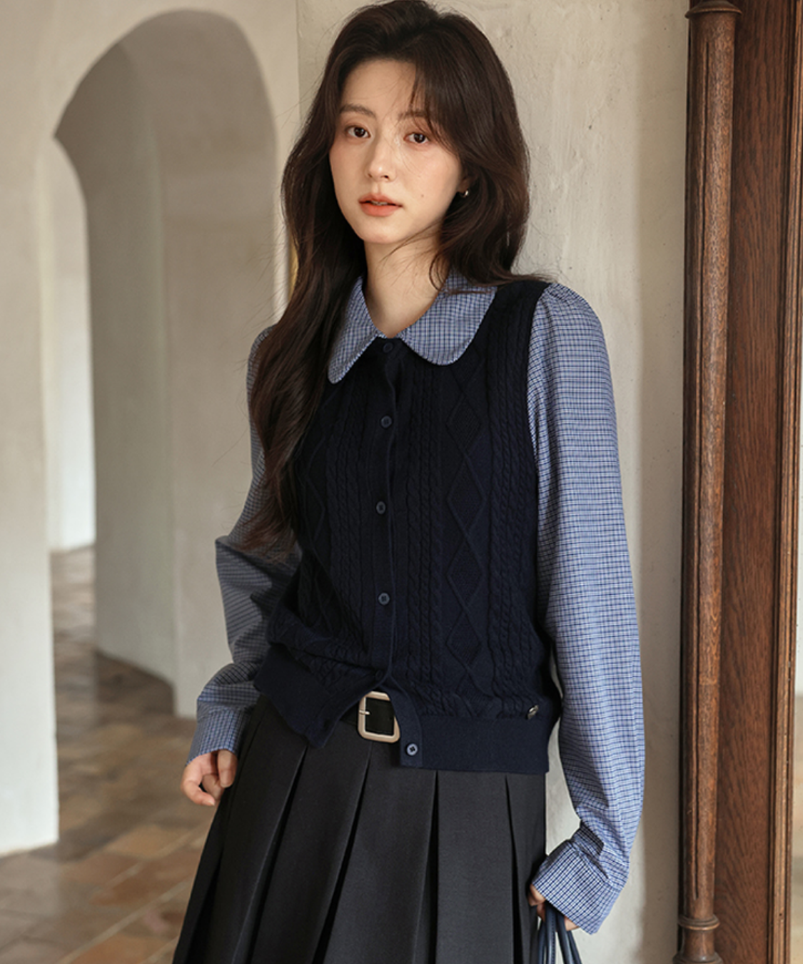 襟取り外し可能ベスト風ニットドッキングシャツ