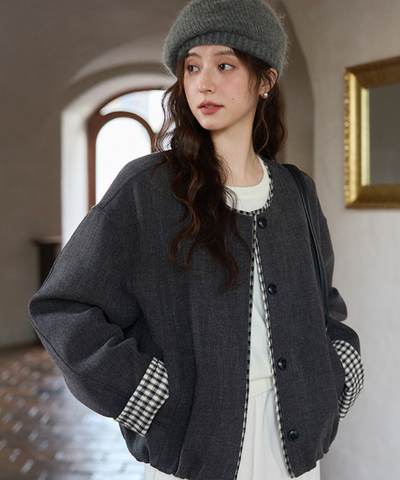 ギンガム切替ノーカラーショートジャケット