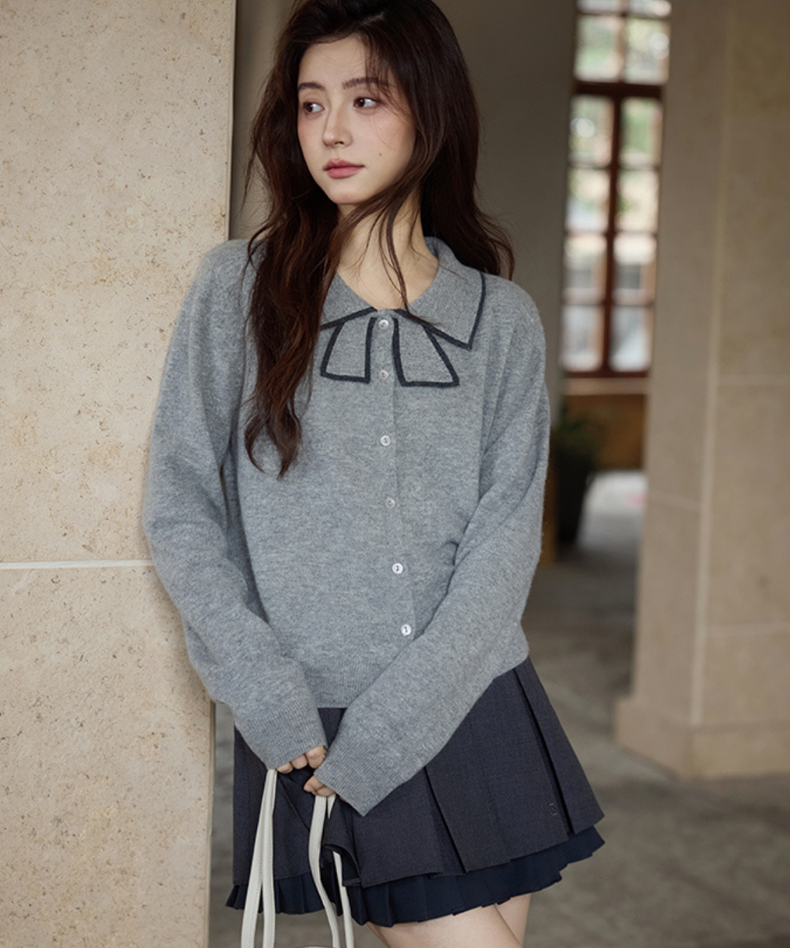 配色ラインリボン風襟カーディガン