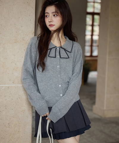 配色ラインリボン風襟カーディガン