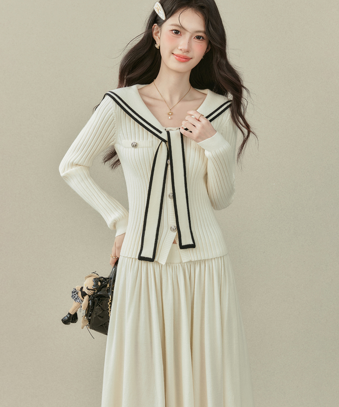 リボンタイ付きセーラーカラーニットトップス＋Wラインスカート 2点セット