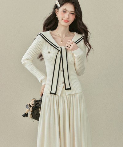 リボンタイ付きセーラーカラーニットトップス＋Wラインスカート 2点セット