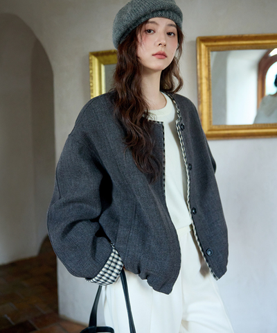 ギンガム切替ノーカラーショートジャケット