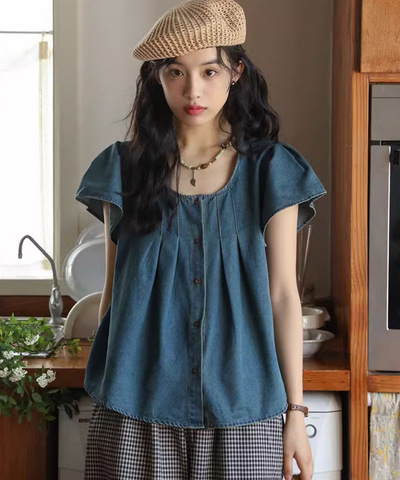 ピンタックフレアスリーブデニムブラウス