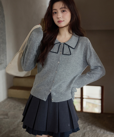 配色ラインリボン風襟カーディガン