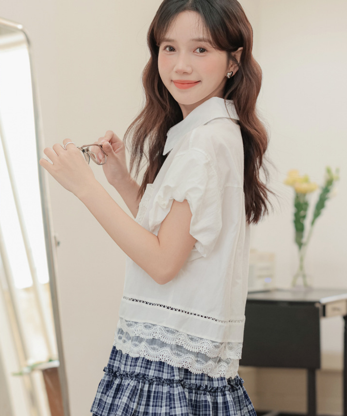 レース切り替えシャツカラーブラウス