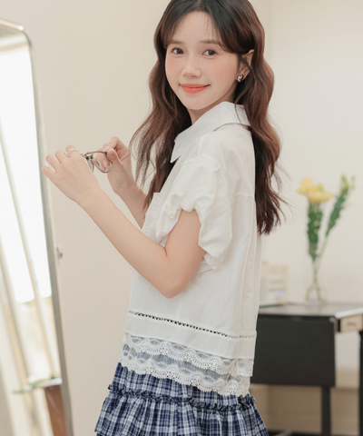 レース切り替えシャツカラーブラウス