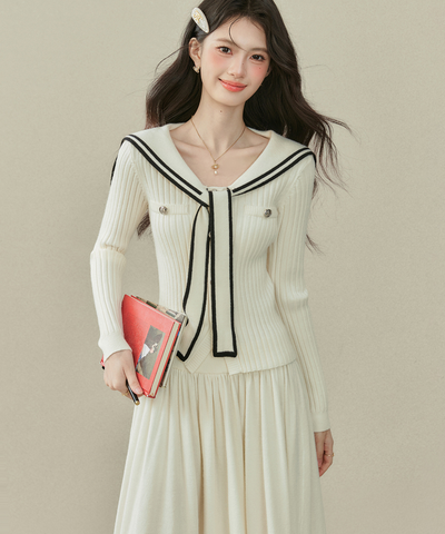 リボンタイ付きセーラーカラーニットトップス＋Wラインスカート 2点セット