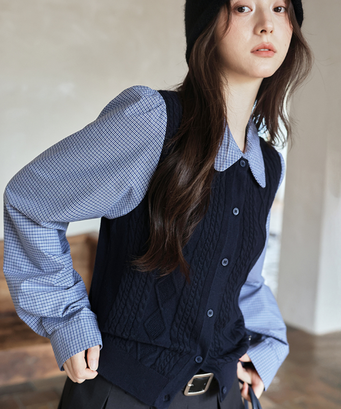 襟取り外し可能ベスト風ニットドッキングシャツ