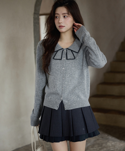 配色ラインリボン風襟カーディガン