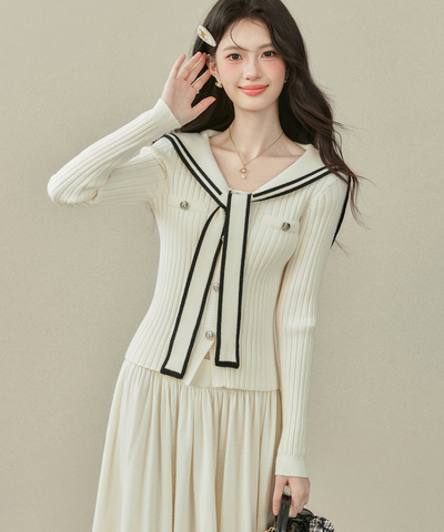 リボンタイ付きセーラーカラーニットトップス＋Wラインスカート 2点セット